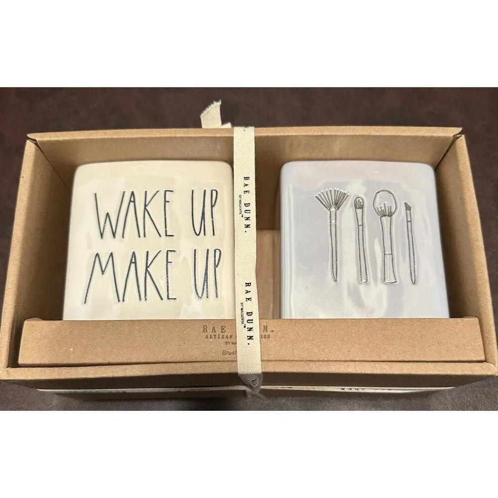 NEW Rae Dunn Make Up Wake Up Face Organizer Ceramic Vanity Bathroom
